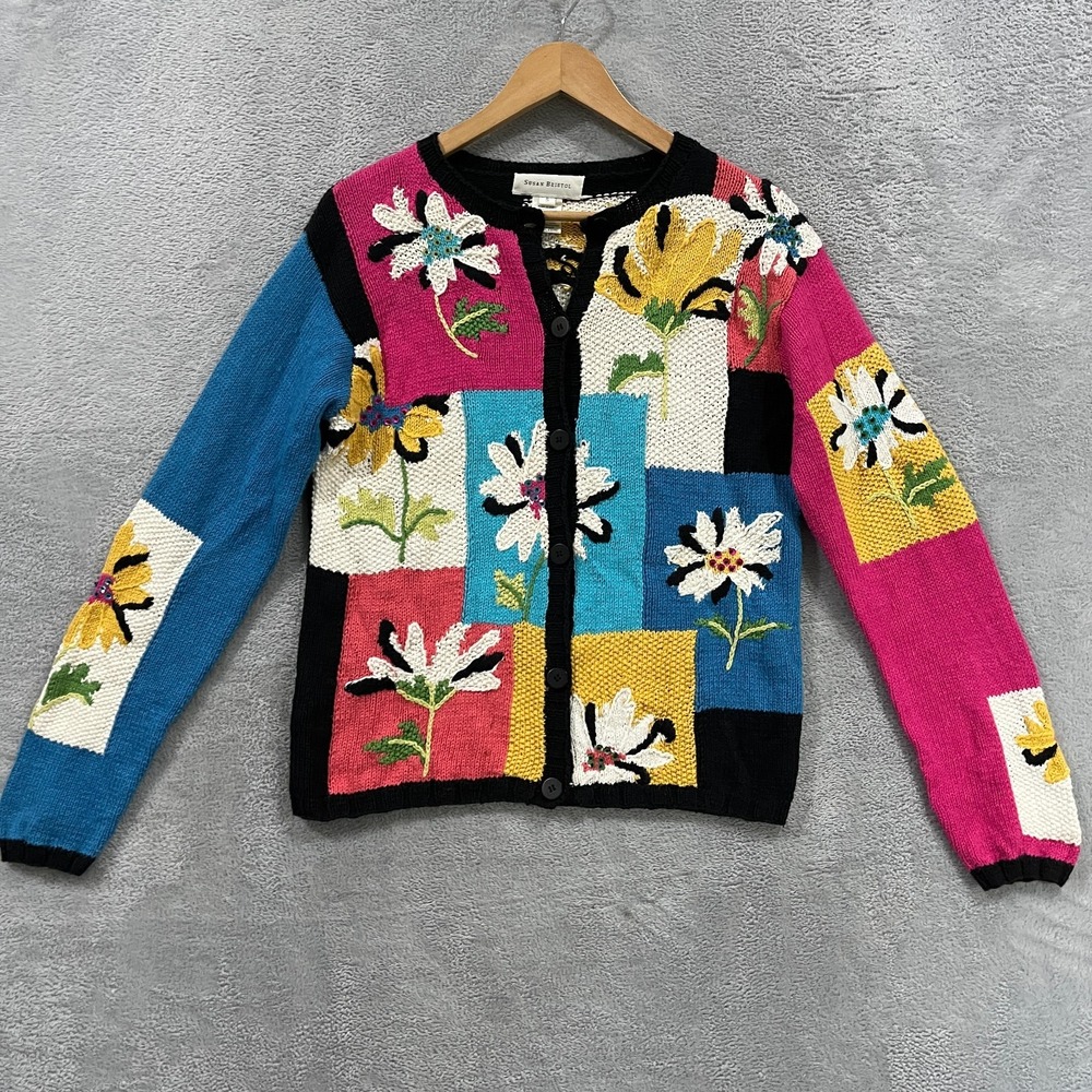 Vtg Susan Bristol Cardigan Sweater Womens S Multi Embroidered Floral Patchwork